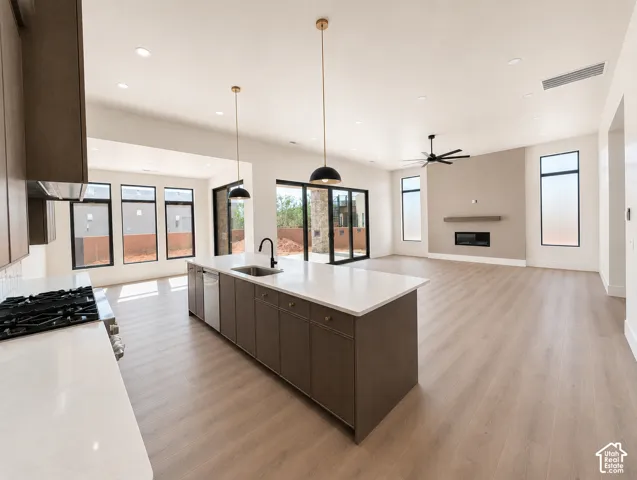 Open-concept living area with wood-finish flooring, a kitchen island with a sink, built-in cabinetry, a fireplace, and multiple windows