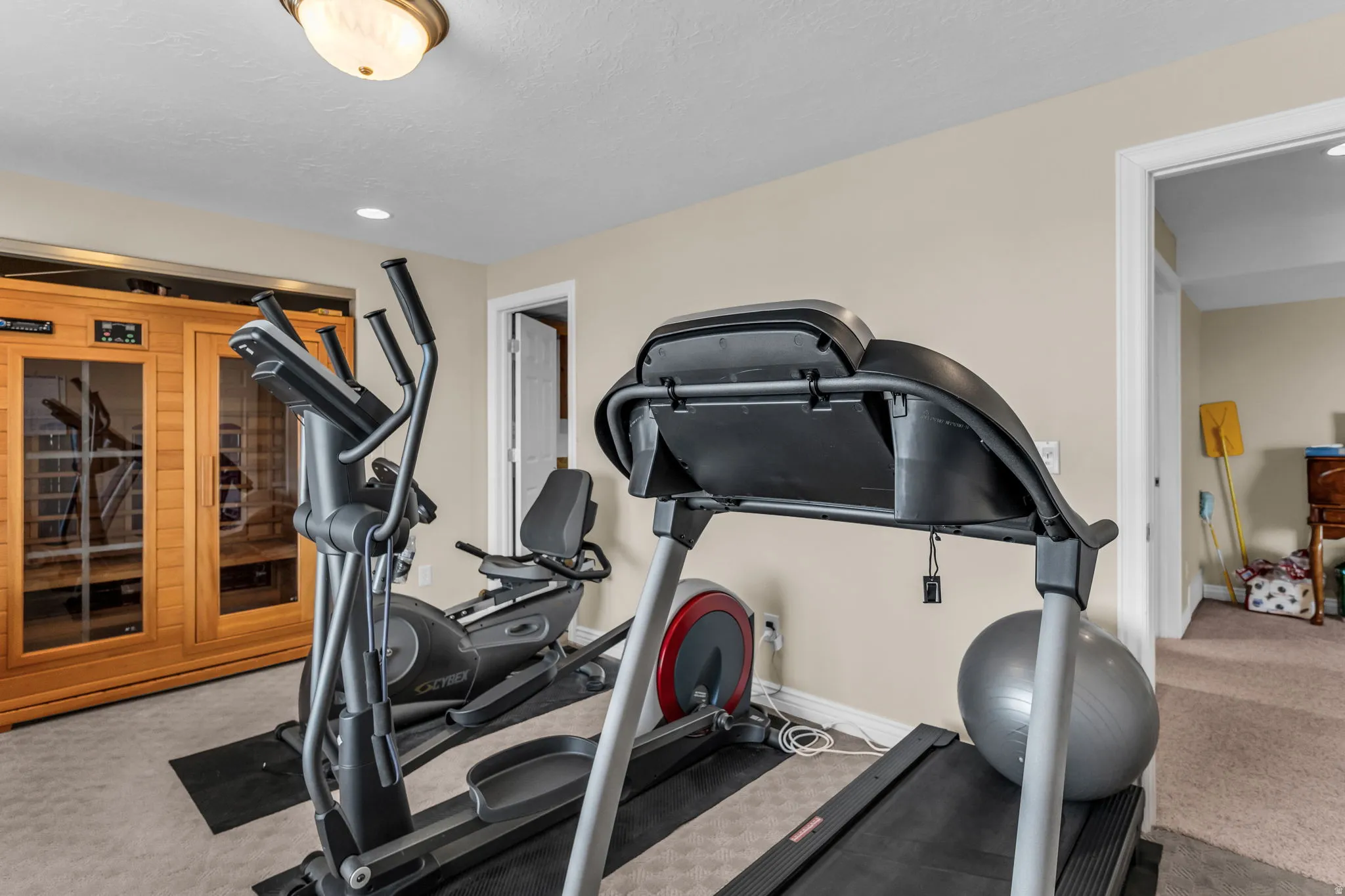 Exercise area with a sauna / steam room
