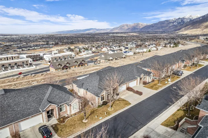 Aerial view of residential area with mountains