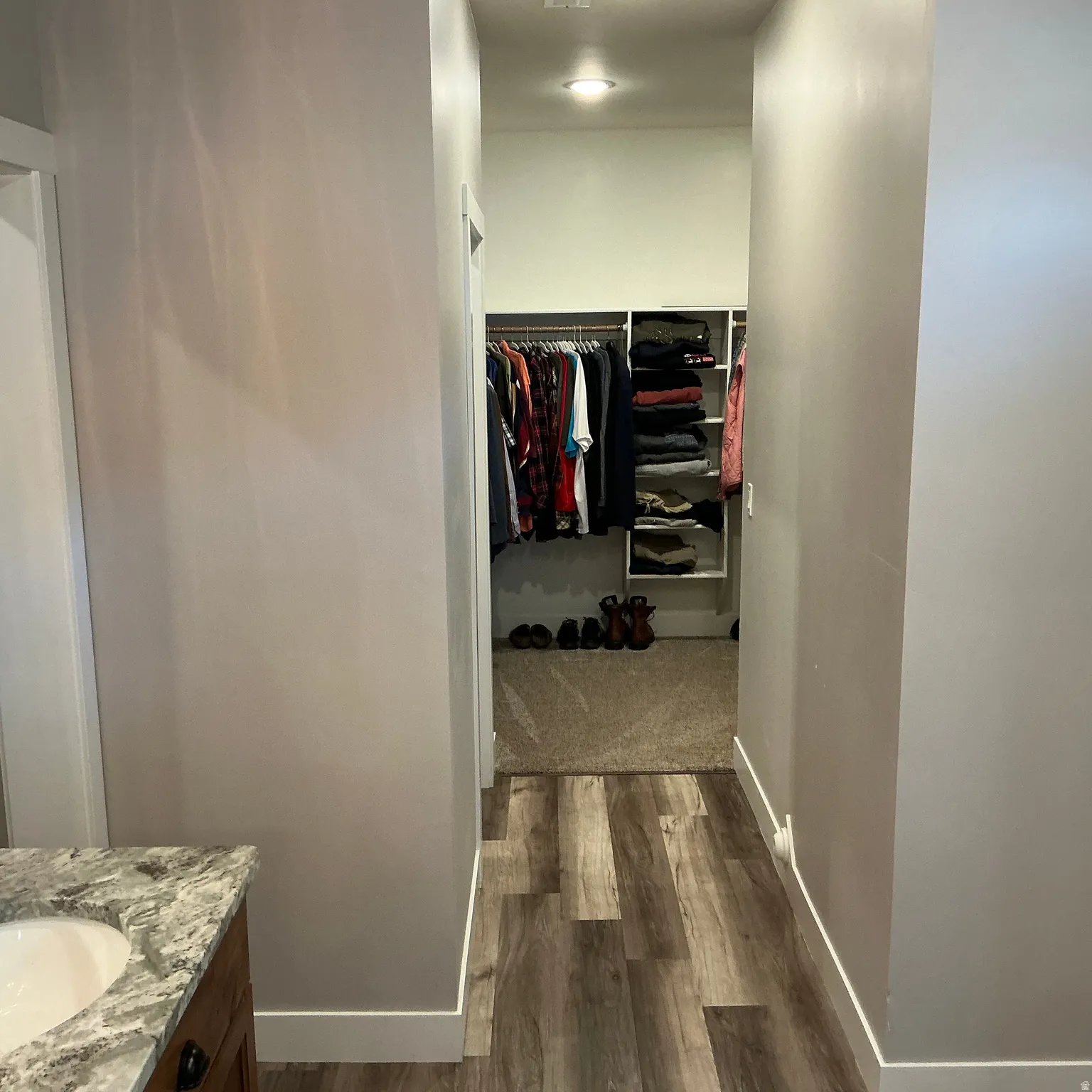 Walk in closet featuring dark wood-style floors and a sink