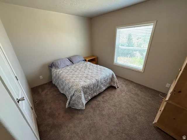 Carpeted bedroom featuring a textured ceiling
