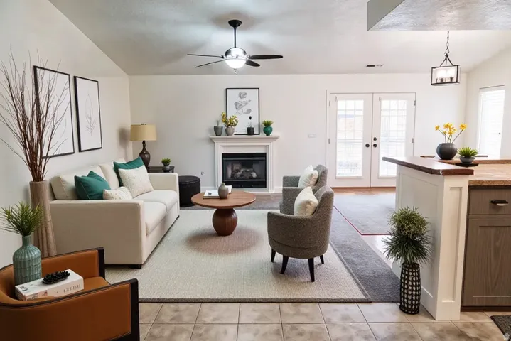 Living room featuring french doors, a ceiling fan, a glass covered fireplace, light tile patterned floors, and lofted ceiling
