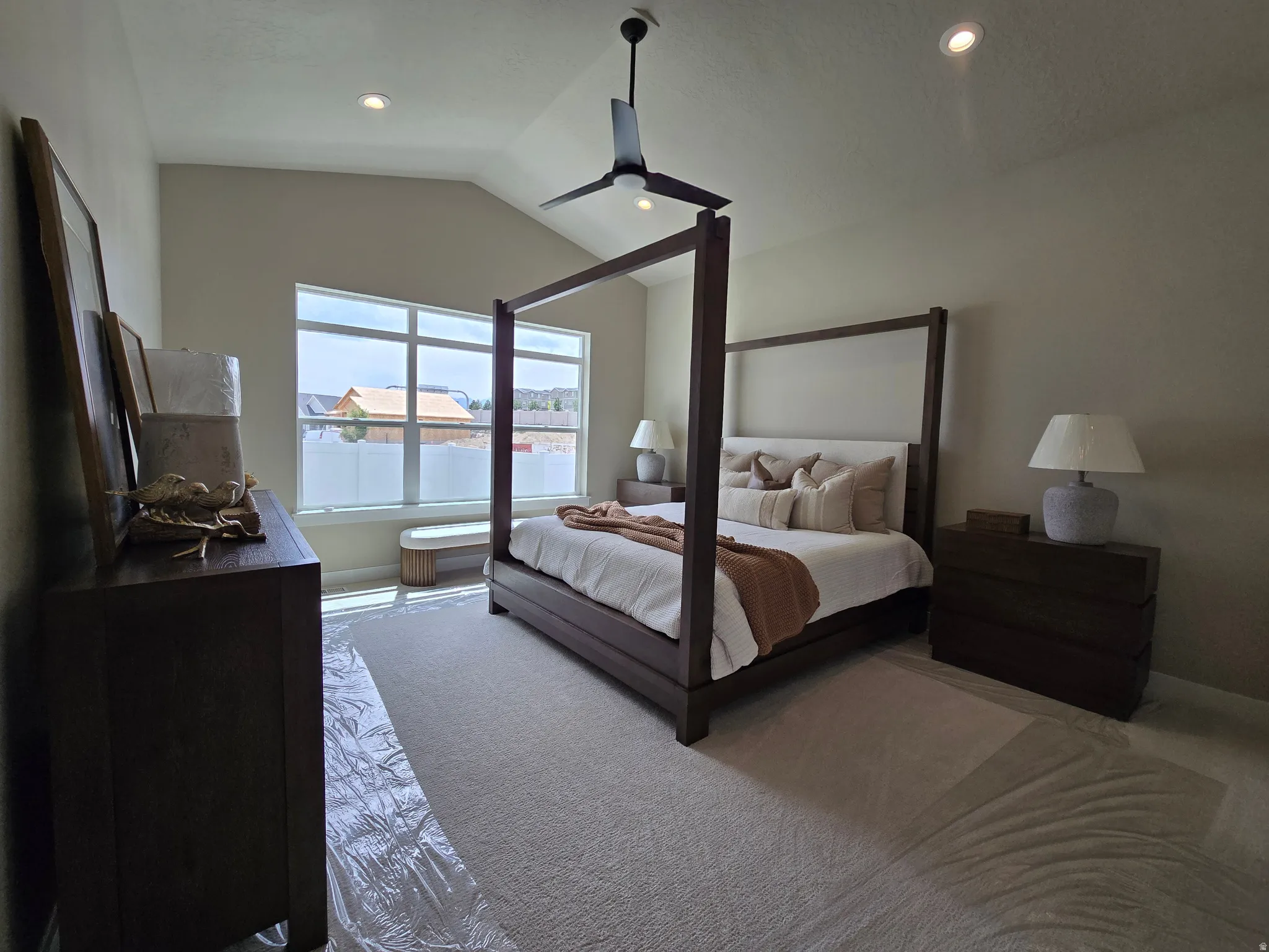 Bedroom featuring recessed lighting, a ceiling fan, and carpet flooring