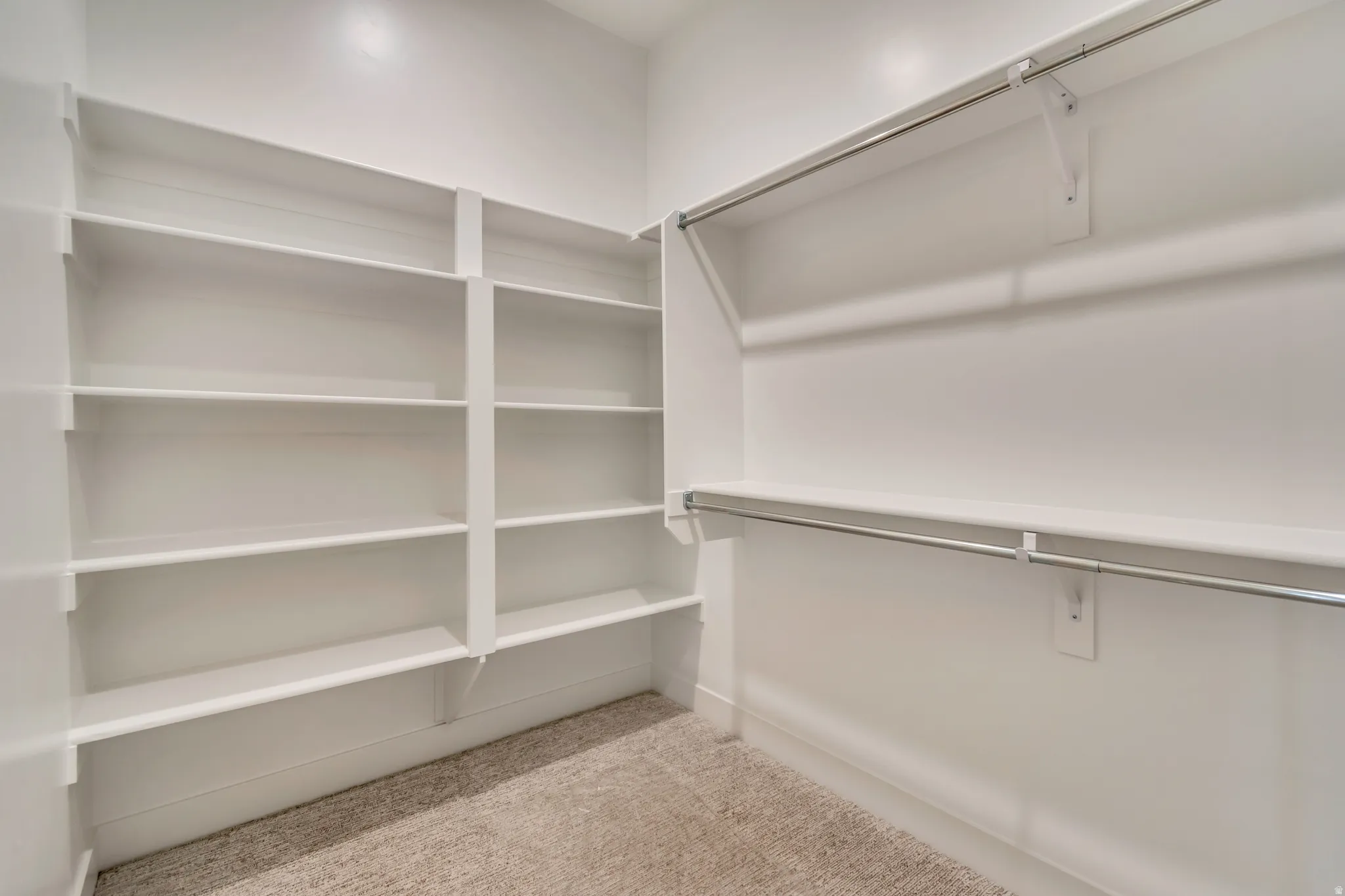 Walk in closet with light colored carpet