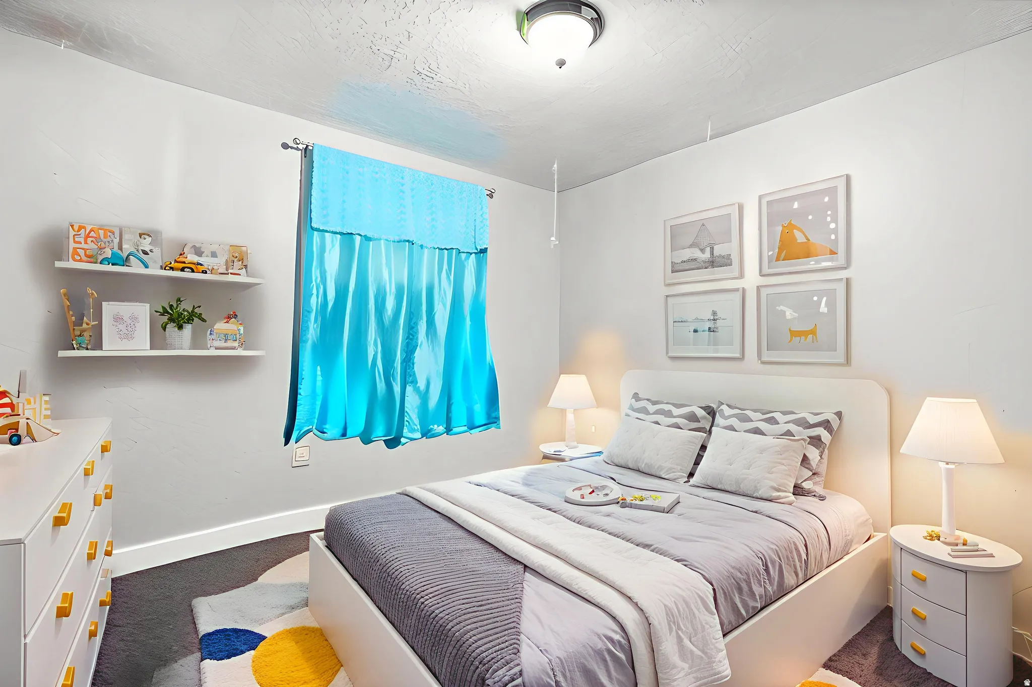 Bedroom featuring baseboards and dark colored carpet