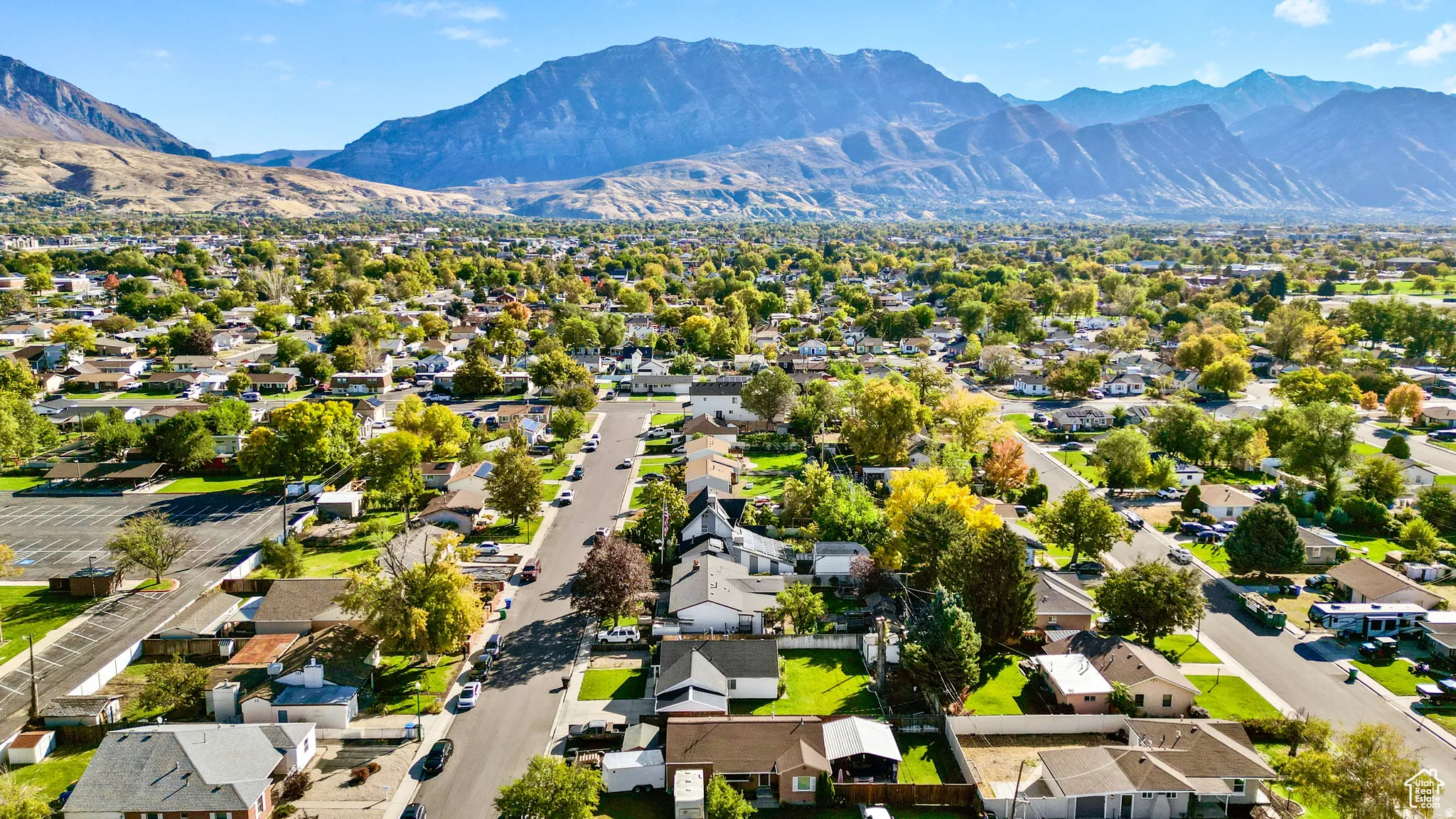 Aerial perspective of suburban area featuring mountains