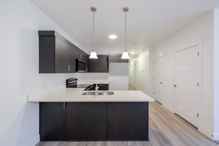 Kitchen featuring dark wood-finish cabinetry, light-toned countertops, a stainless steel double basin sink, and pendant lighting