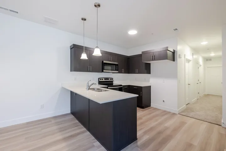 Modern kitchen featuring dark wood-finish cabinetry, stainless steel appliances, a white countertop, and pendant lighting