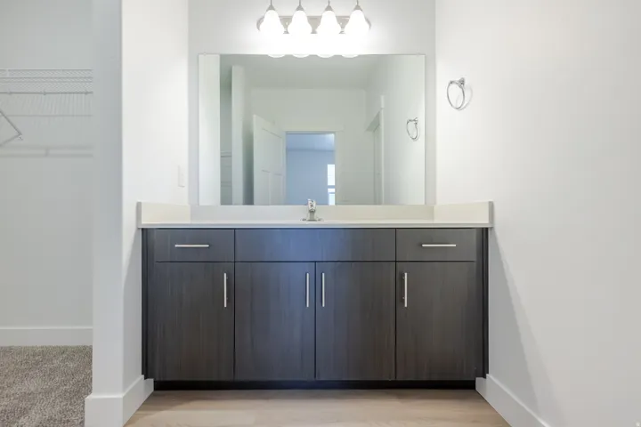 Wide vanity with dark wood-finish cabinetry, chrome hardware, integrated sink, and wall-mounted mirror