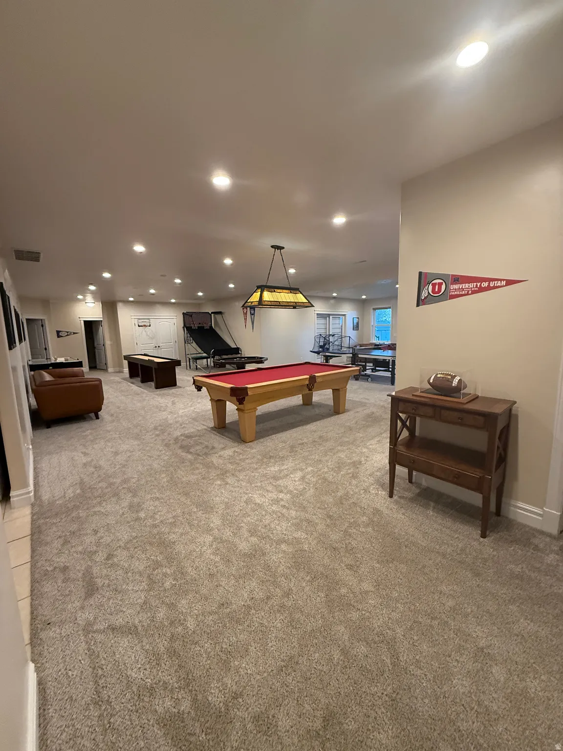 Rec room featuring recessed lighting, light carpet, and pool table