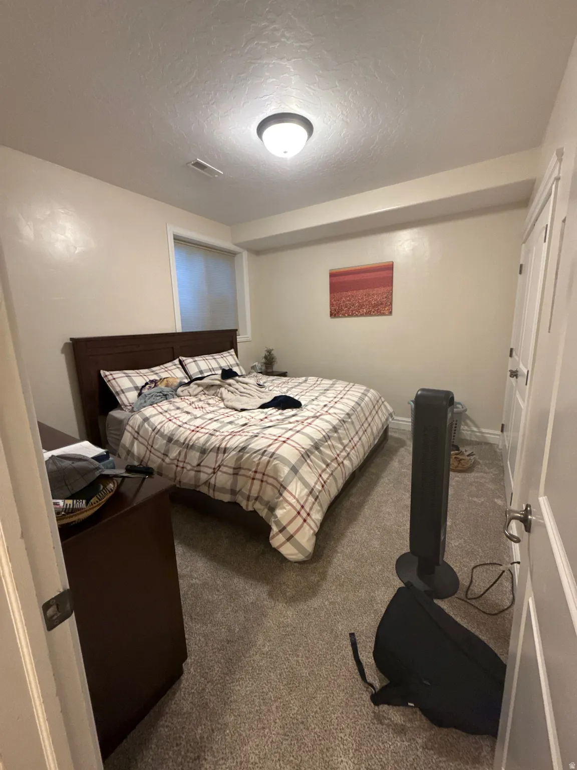 Carpeted bedroom with a textured ceiling and baseboards