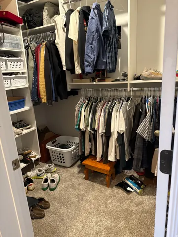 Walk in closet with carpet floors