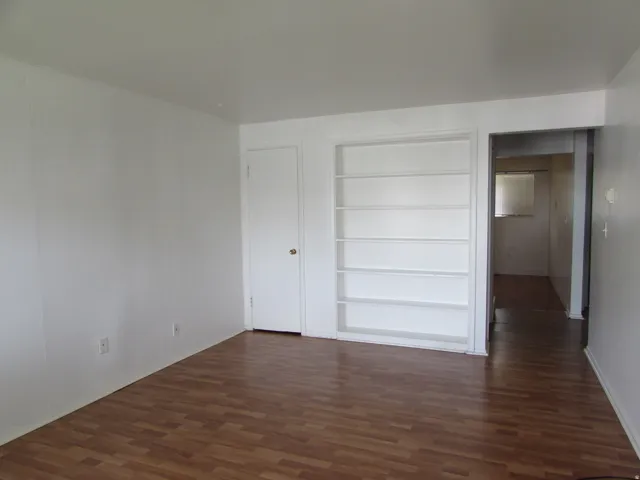 Unfurnished room with built in shelves and dark wood-style flooring
