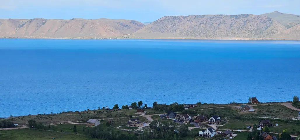 Expansive water body with distant mountains, complemented by a collection of residential properties situated on a green hillside with natural landscaping