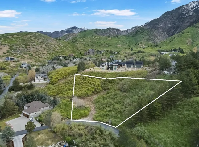 Aerial overview of property's location with a mountain backdrop and property boundaries highlighted