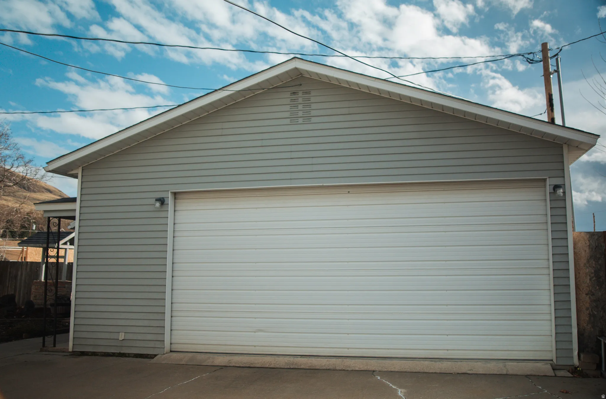 View of detached two-car garage