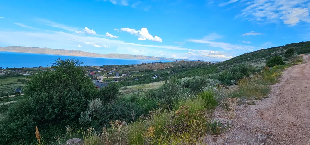 Expansive hillside landscape featuring distant water and mountain ranges