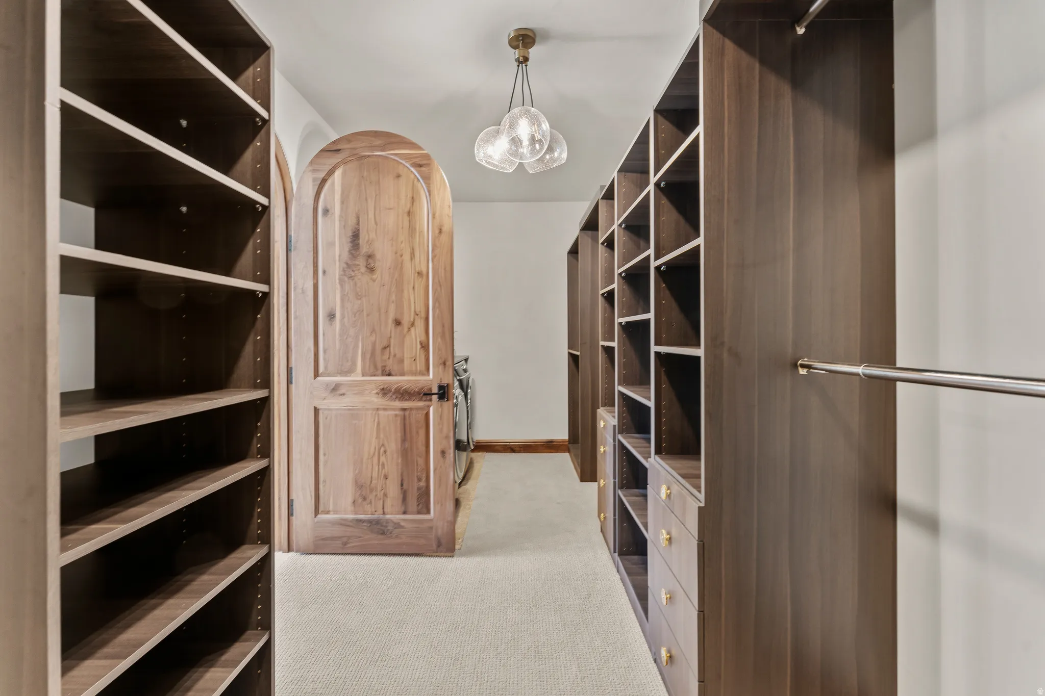 Walk in closet featuring light colored carpet