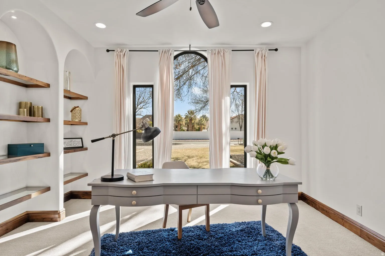 Office with carpet, recessed lighting, and a ceiling fan