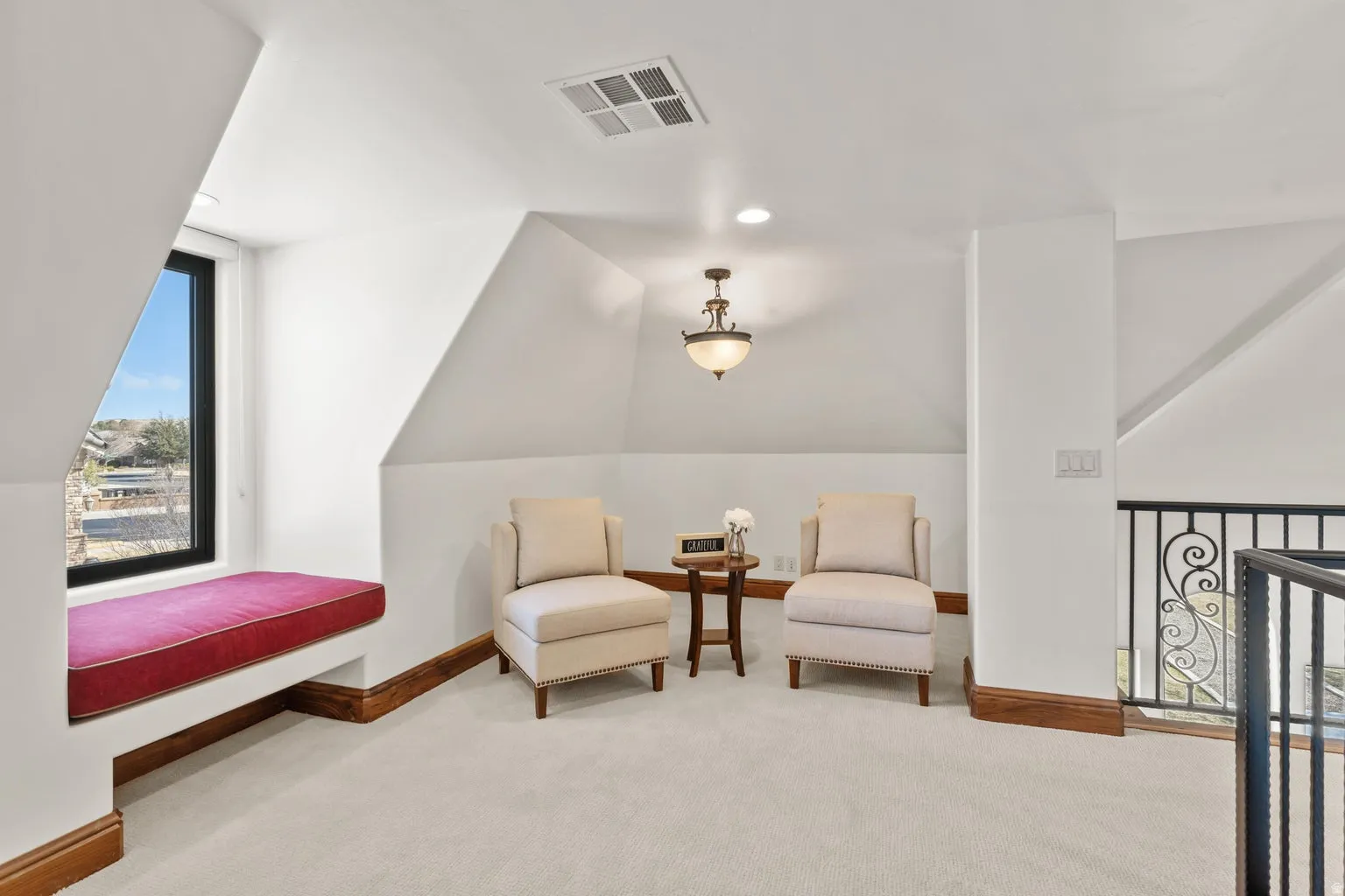 2nd Living area featuring carpet flooring, vaulted ceiling, and recessed lighting