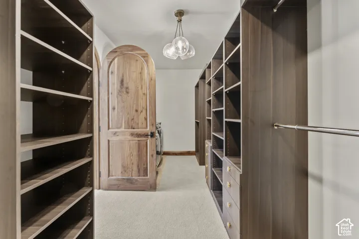 Walk in closet featuring light colored carpet