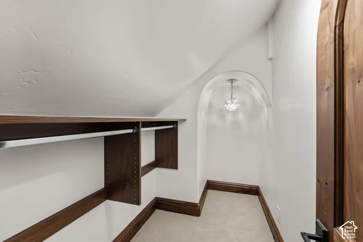 Walk in closet featuring vaulted ceiling, light carpet, and hanging lights