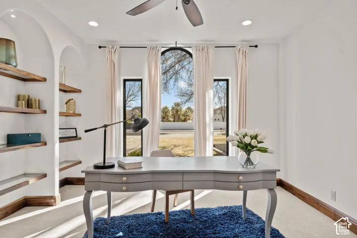 Office with carpet, recessed lighting, and a ceiling fan