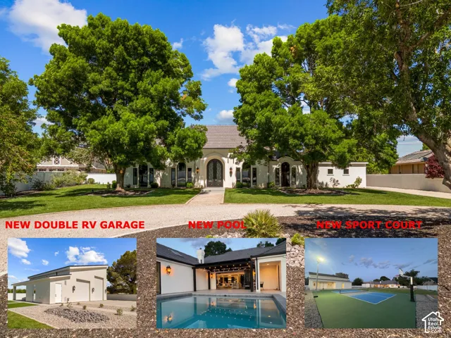 Property Listing. Exterior imagery of the property features including the garage, pool, and sport court