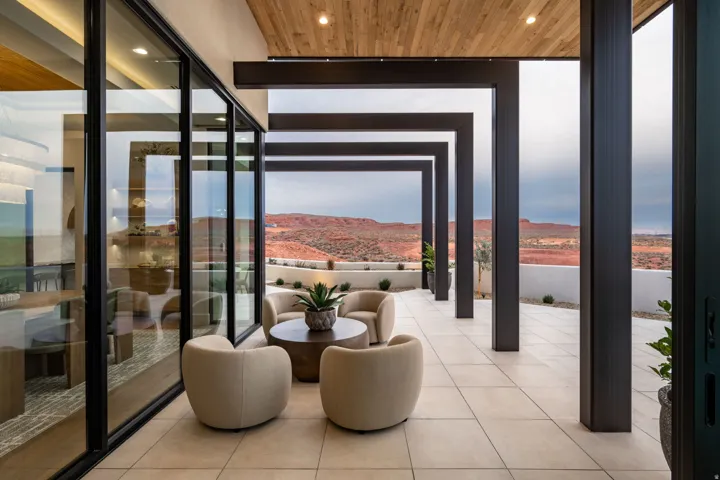 View of patio with a mountain view