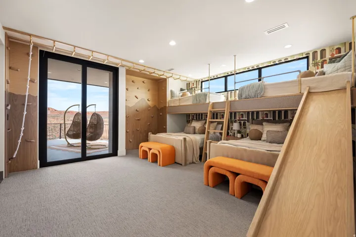 Carpeted bedroom with access to outside and recessed lighting