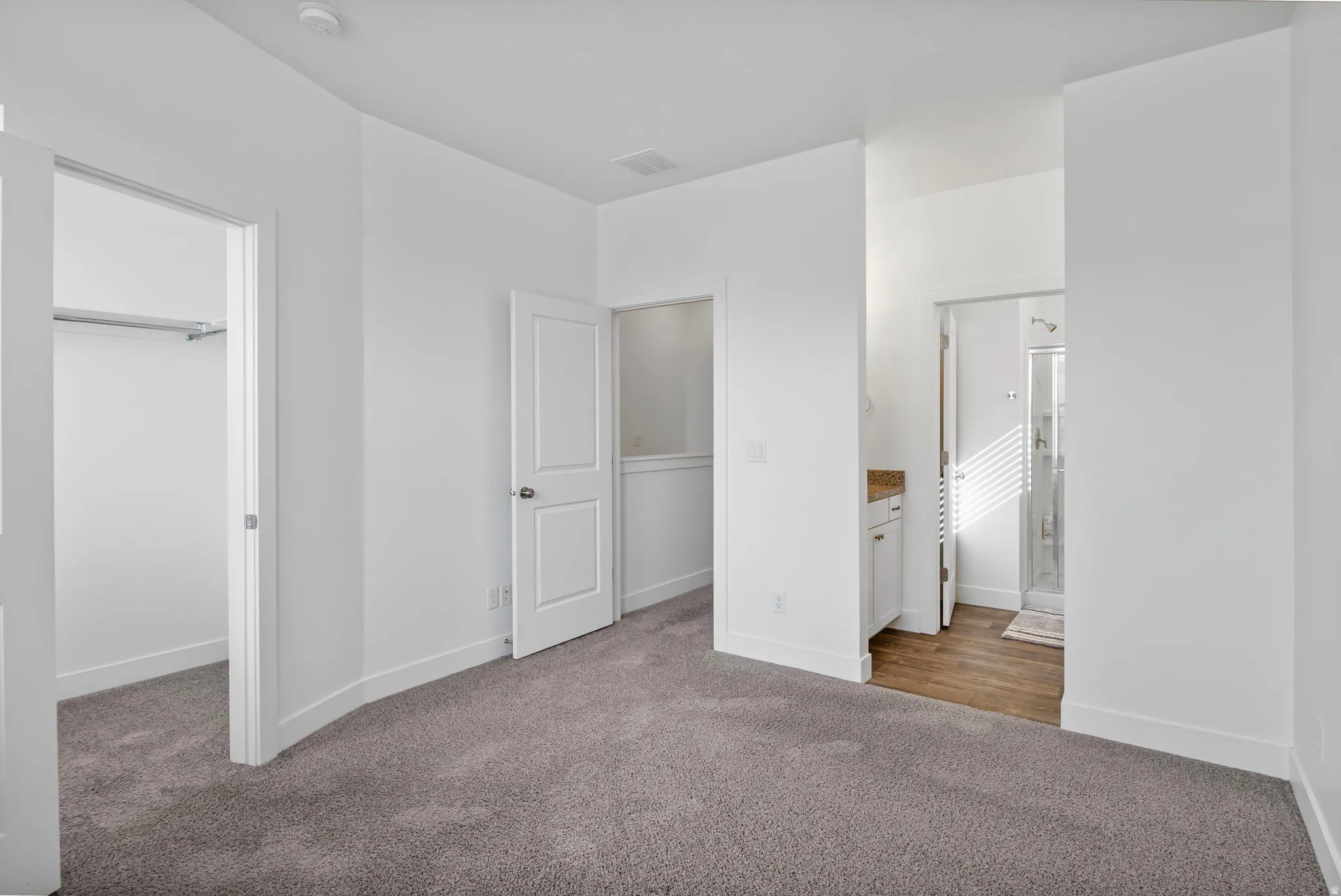 Unfurnished bedroom featuring light carpet, a spacious closet, and ensuite bath