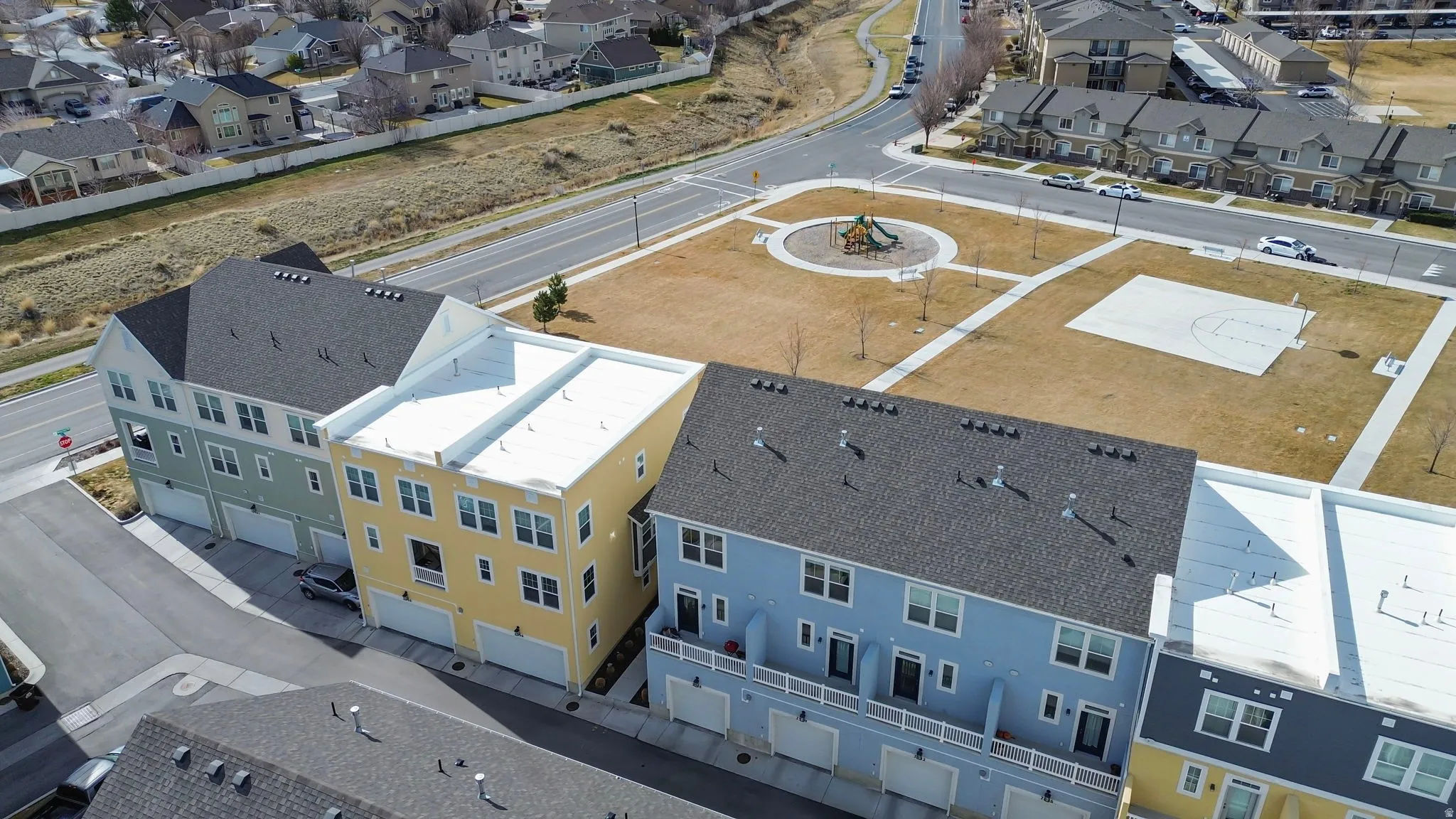 Aerial perspective of suburban area