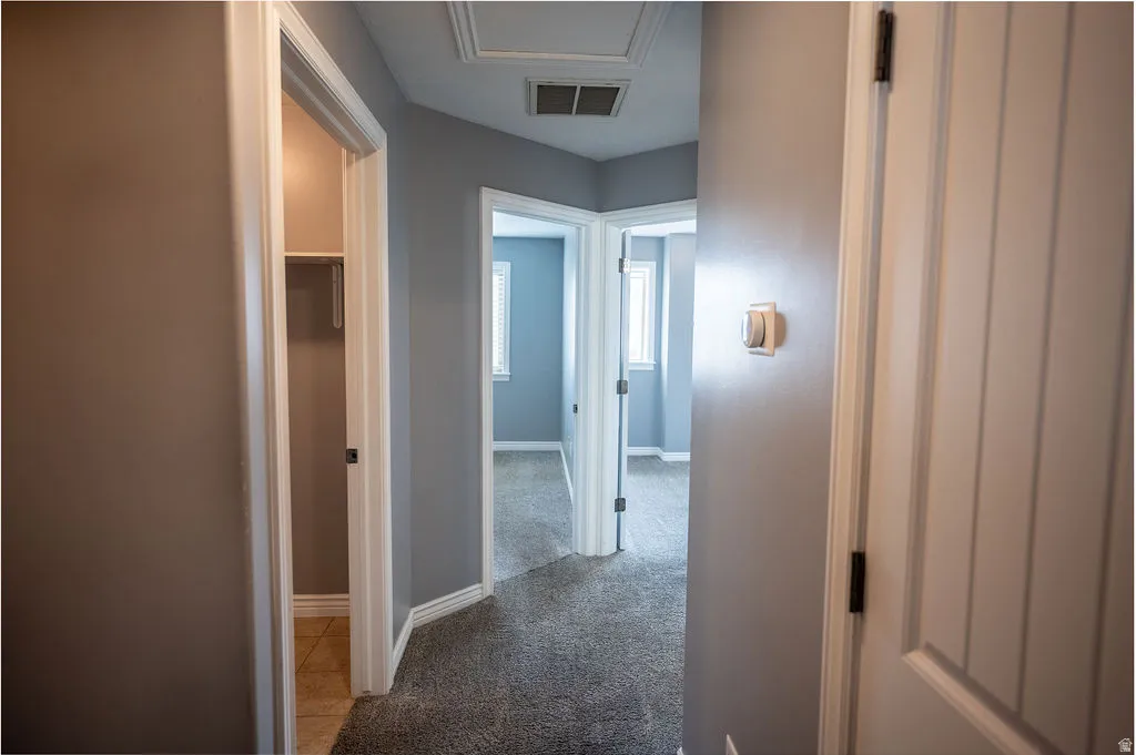 Corridor with light colored carpet and baseboards