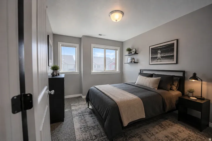 Bedroom featuring two windows, neutral wall tones, textured carpeting, and a flush-mount ceiling light fixture