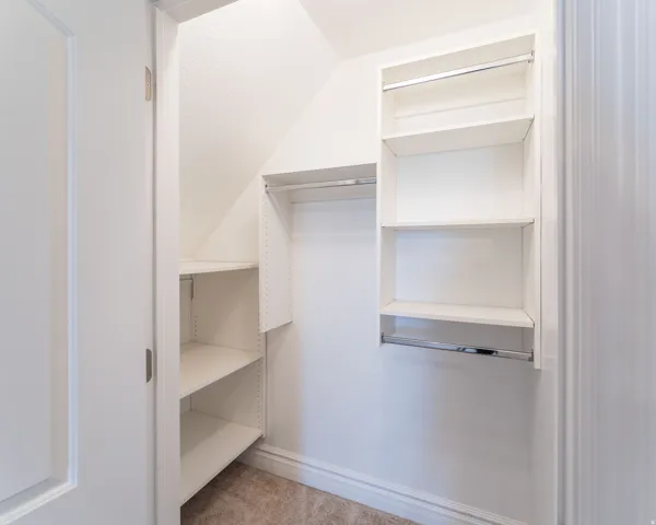Walk in closet featuring light colored carpet