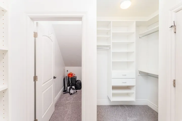Walk in closet featuring light colored carpet