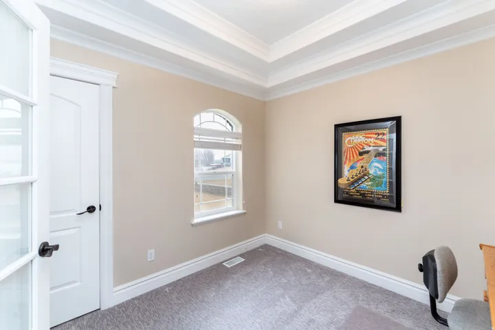 Unfurnished office with crown molding, carpet floors, and a raised ceiling