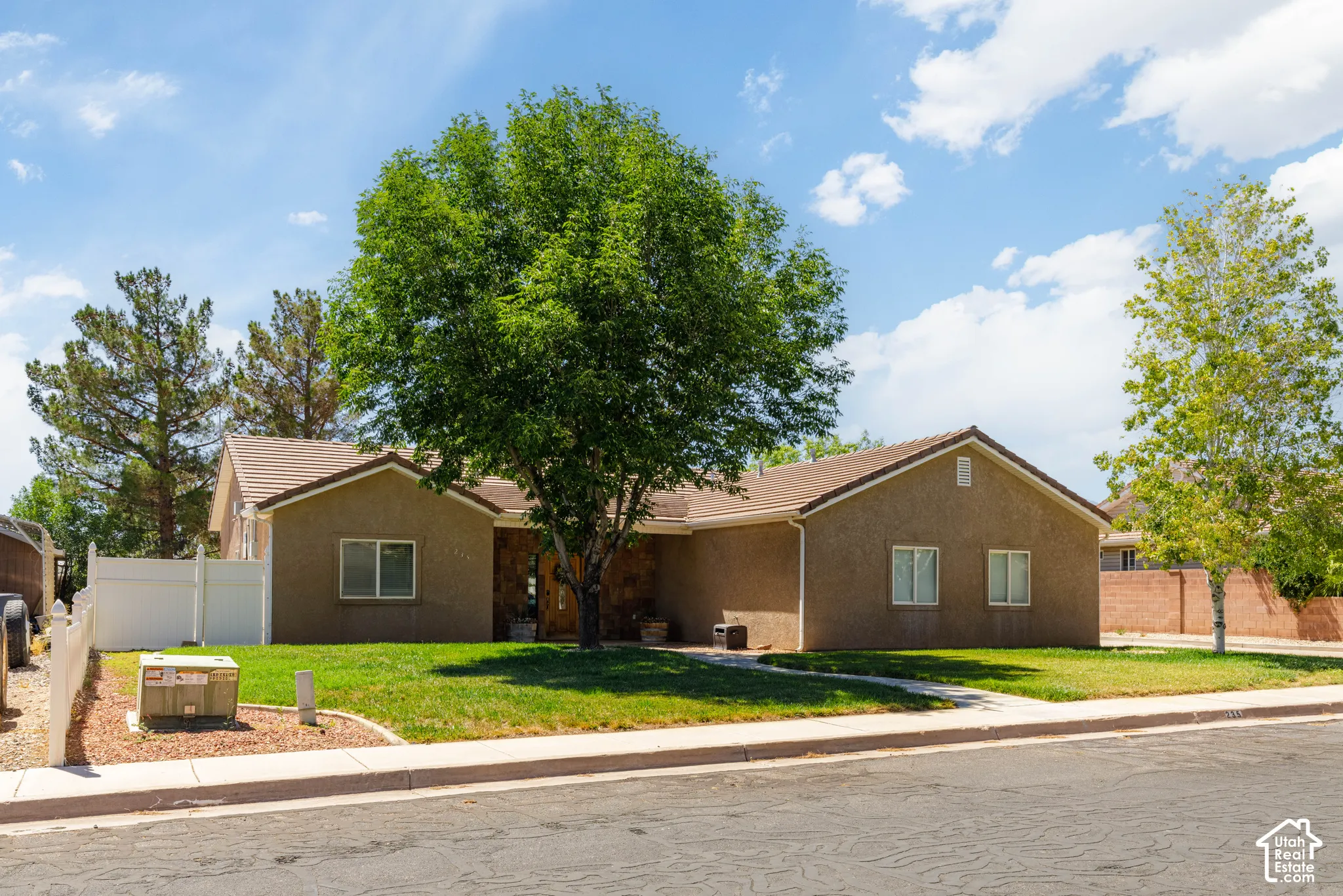 Spacious front yard with mature trees providing natural shade