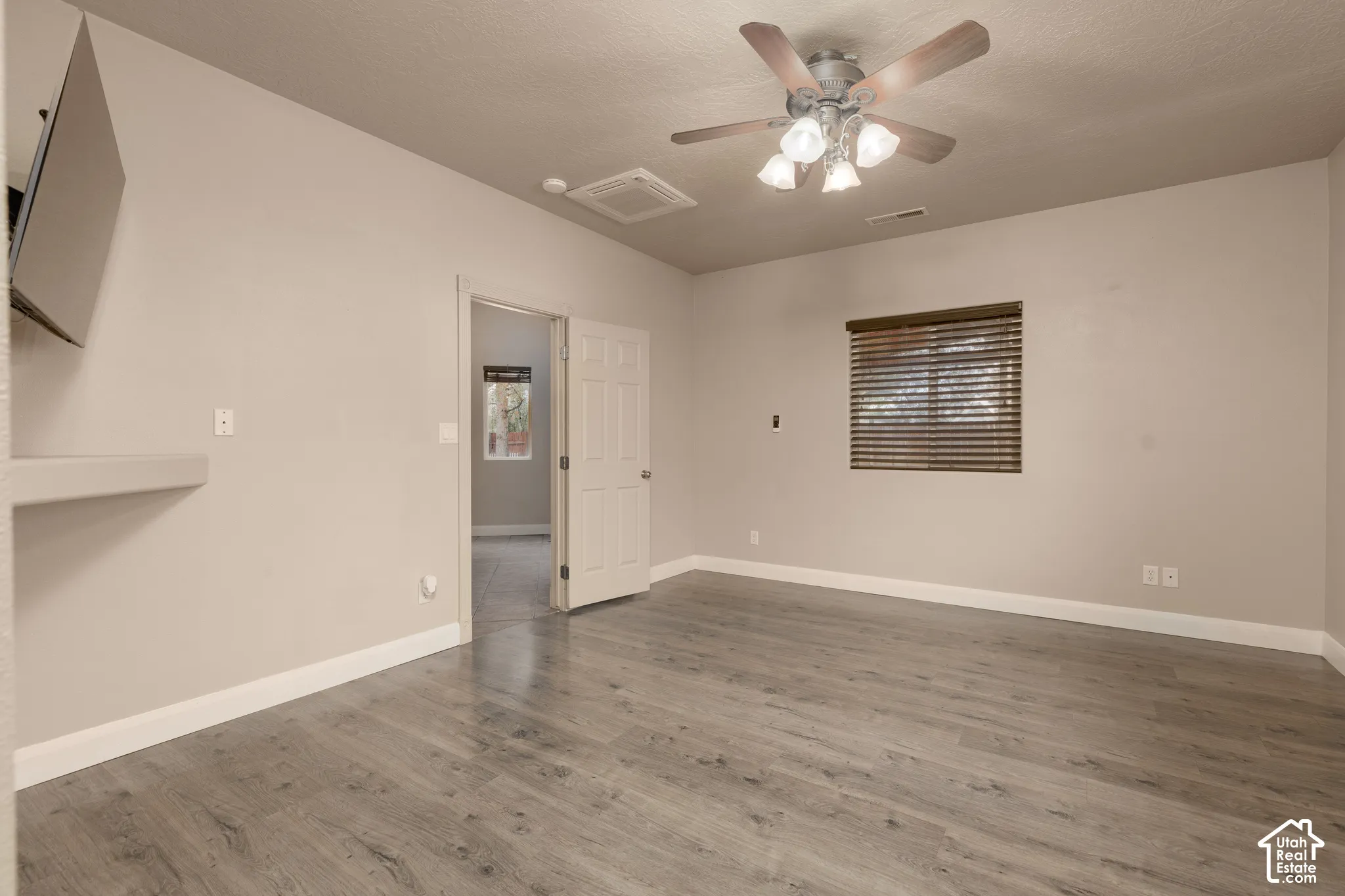 Primary suite featuring ceiling fan and wood finished floors