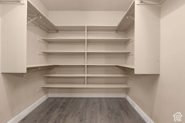 Primary walk in closet with wood finished floors