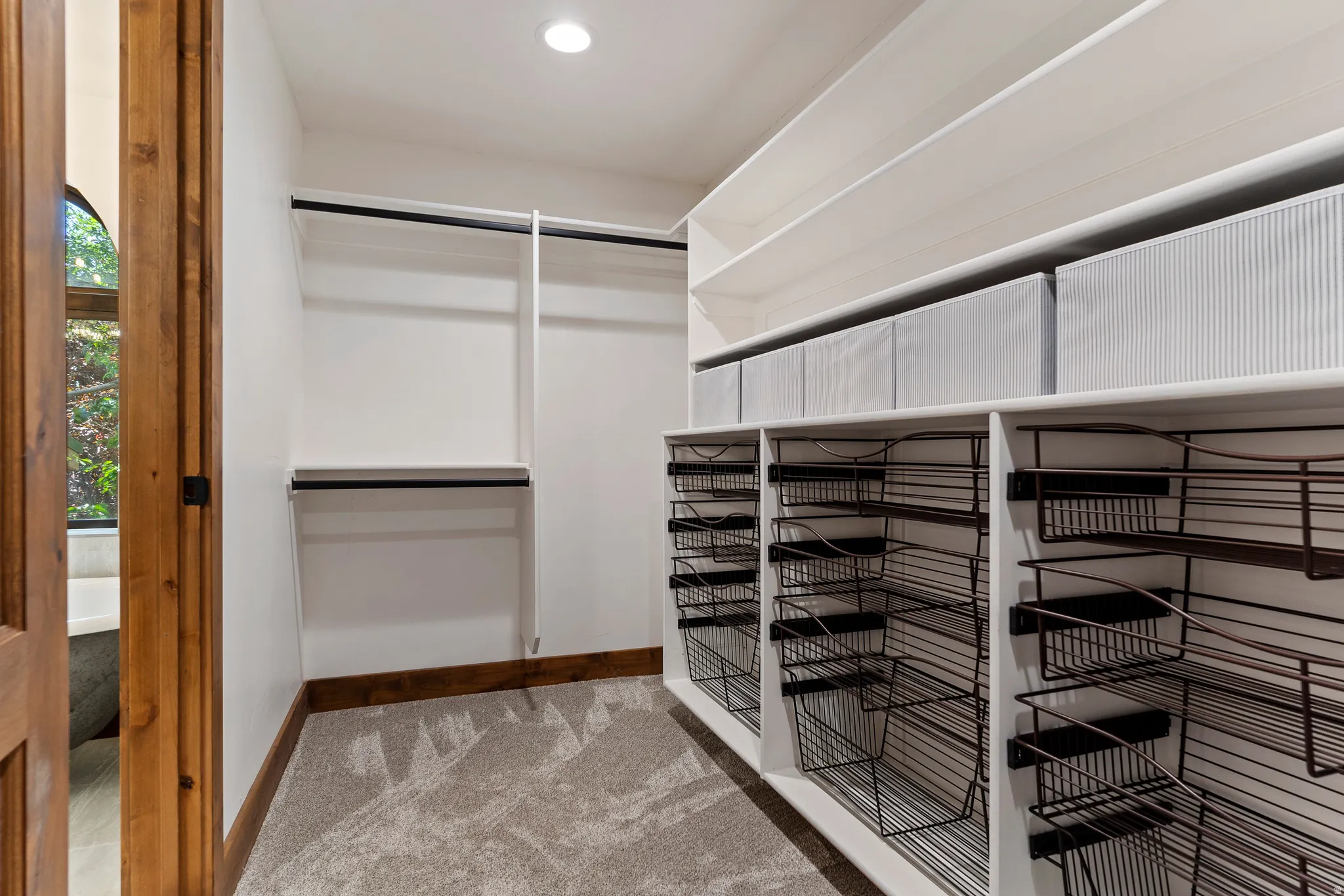 Walk in closet with light colored carpet