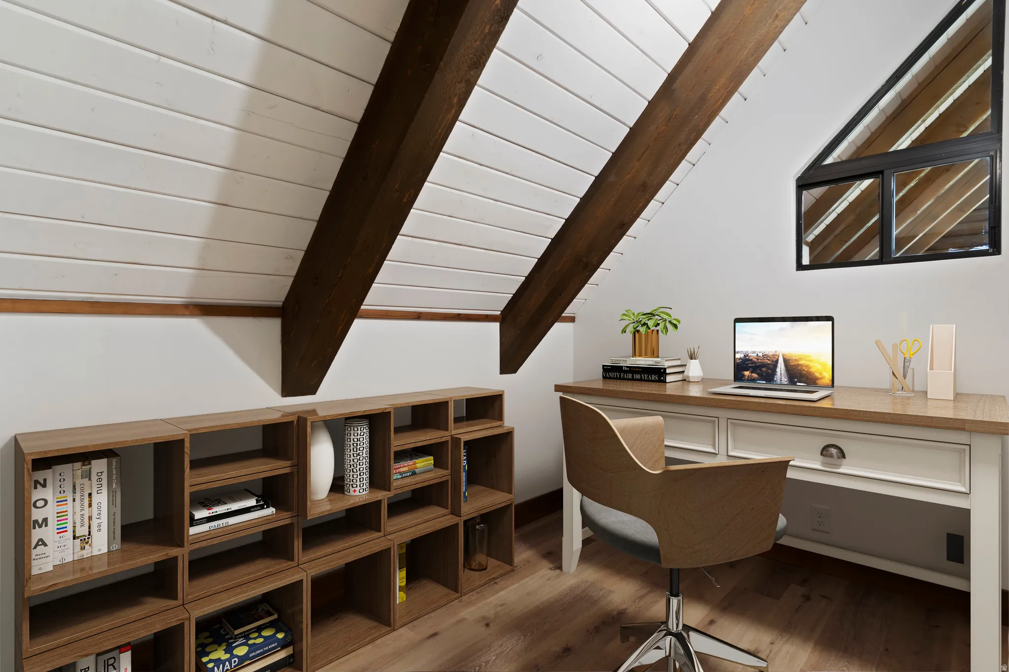 Office featuring vaulted ceiling with beams and light wood-type flooring