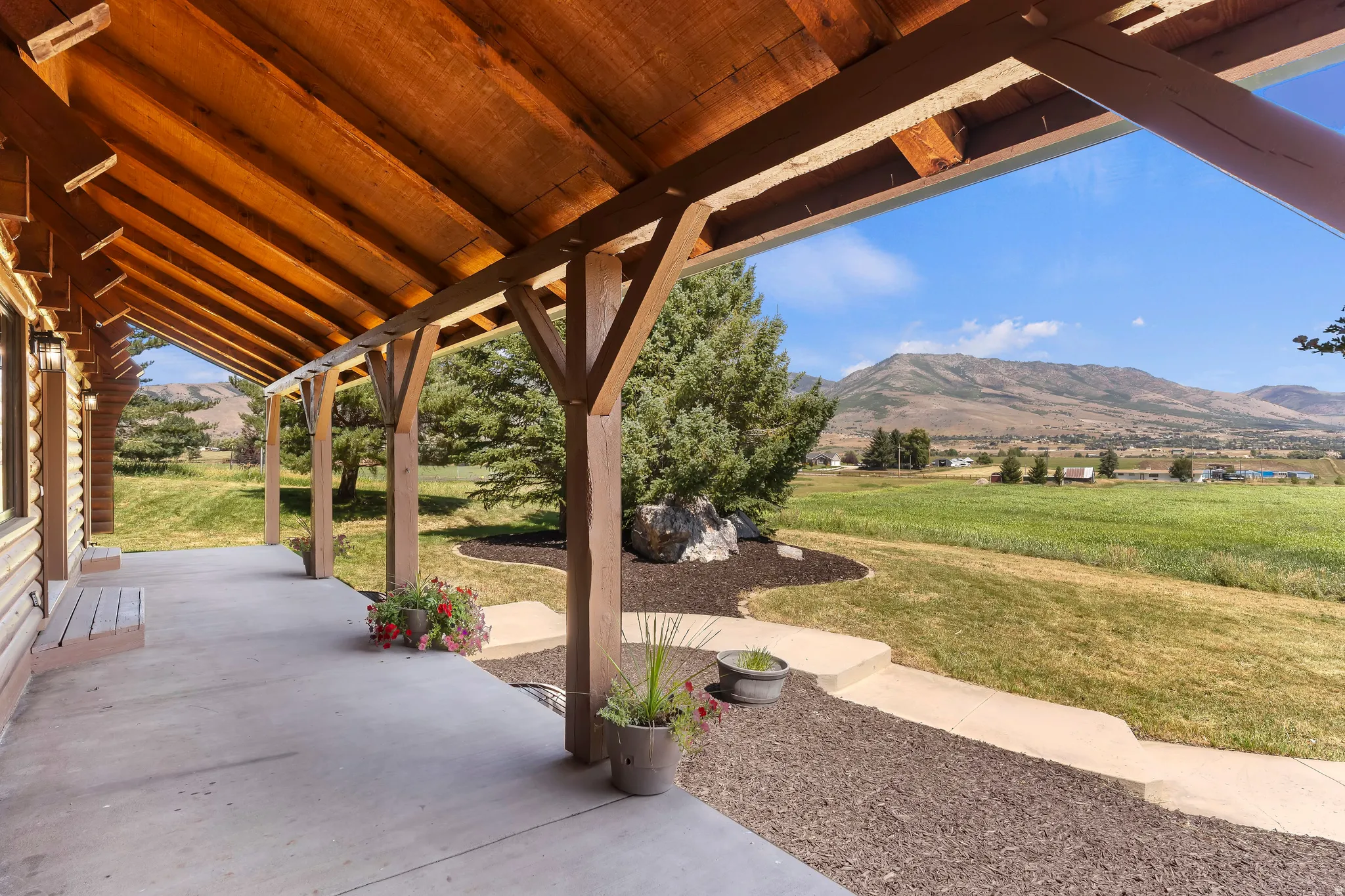 View of patio with a mountain view