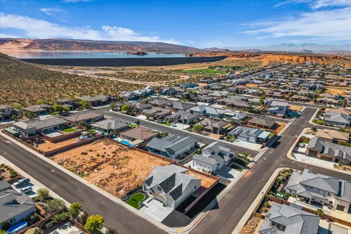 Aerial view of residential area with a water and mountain view