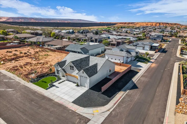 Aerial perspective of suburban area with mountains