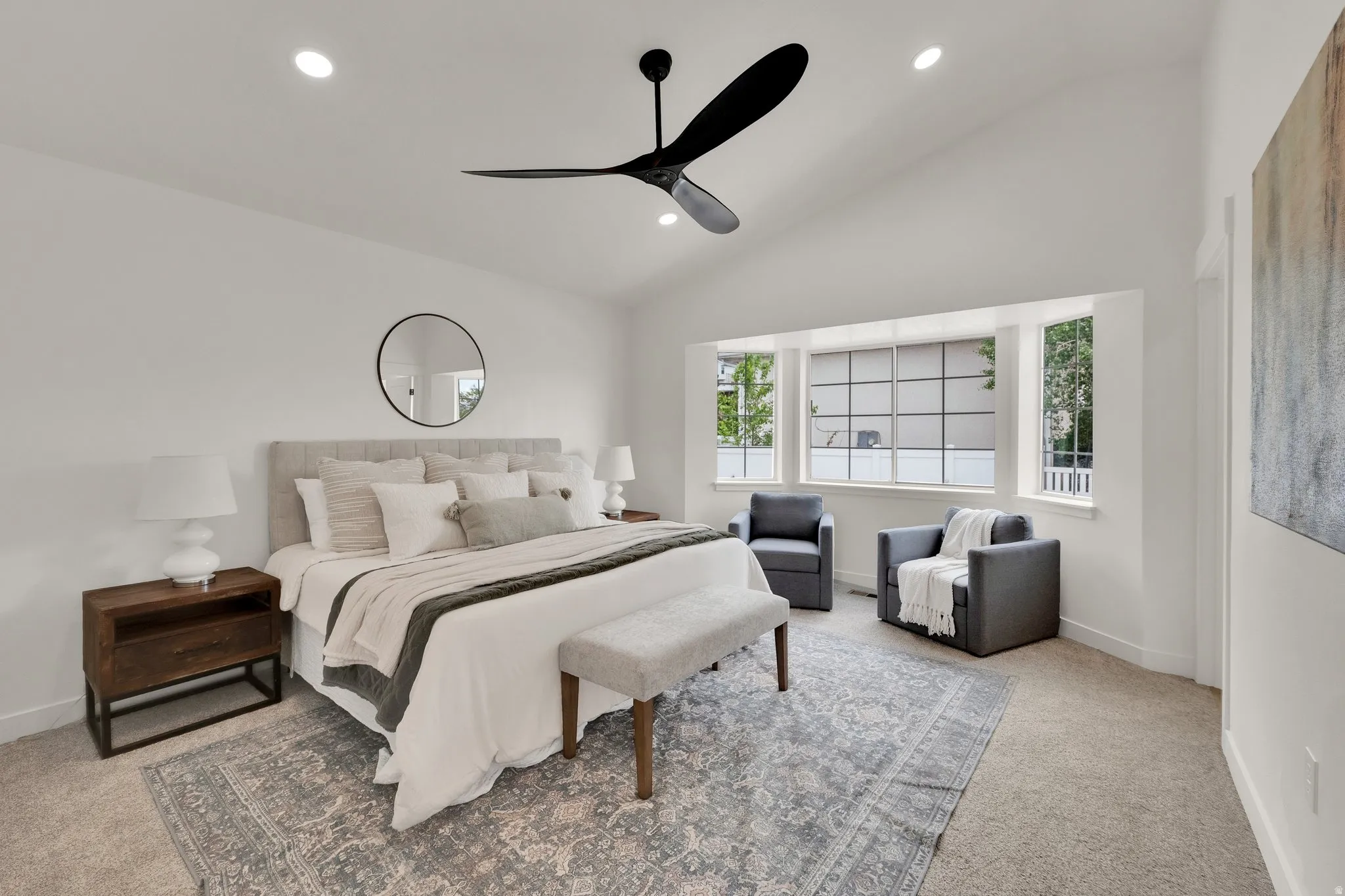 Bedroom featuring lofted ceiling, light colored carpet, recessed lighting, and ceiling fan