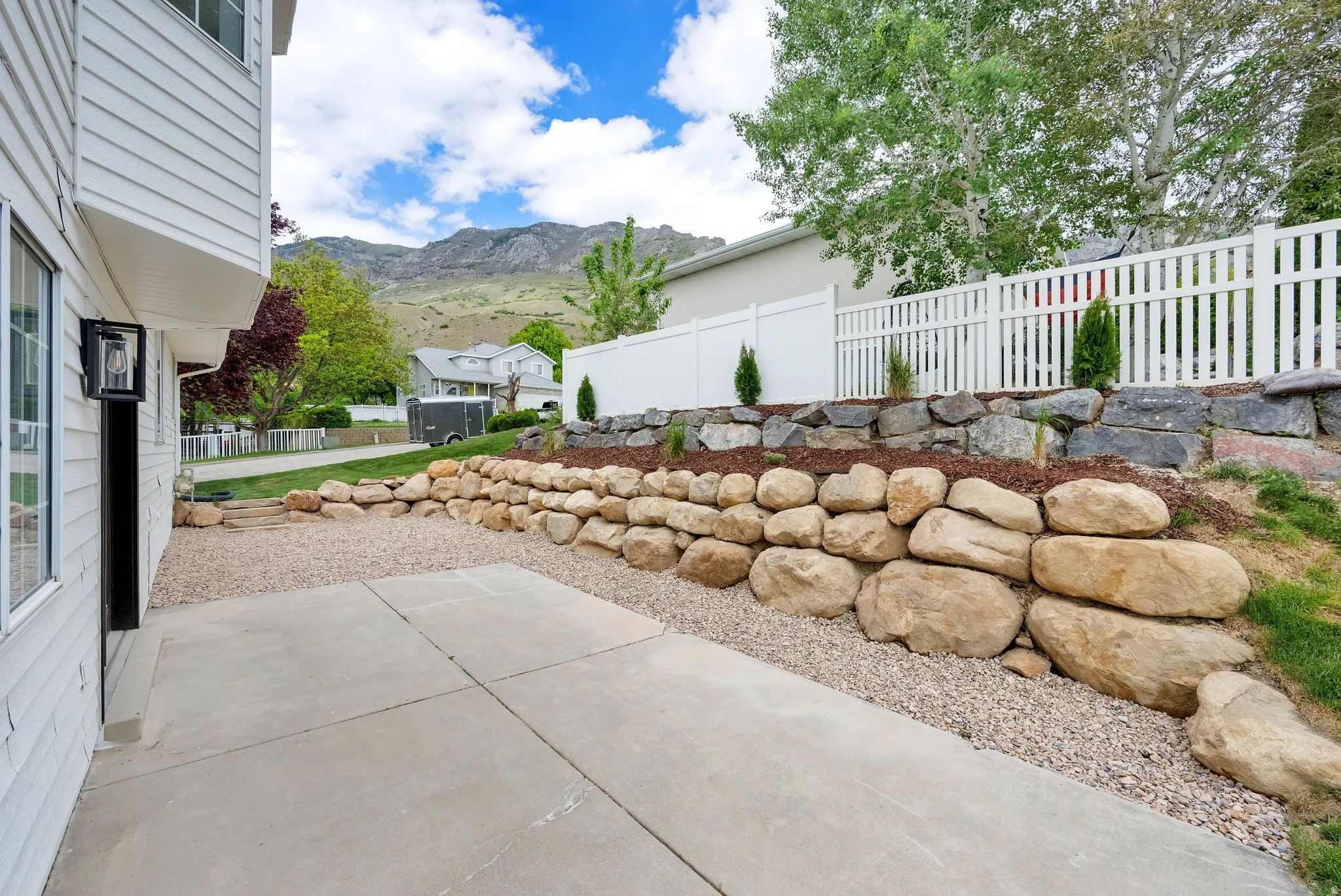 View of patio / terrace with a mountain view