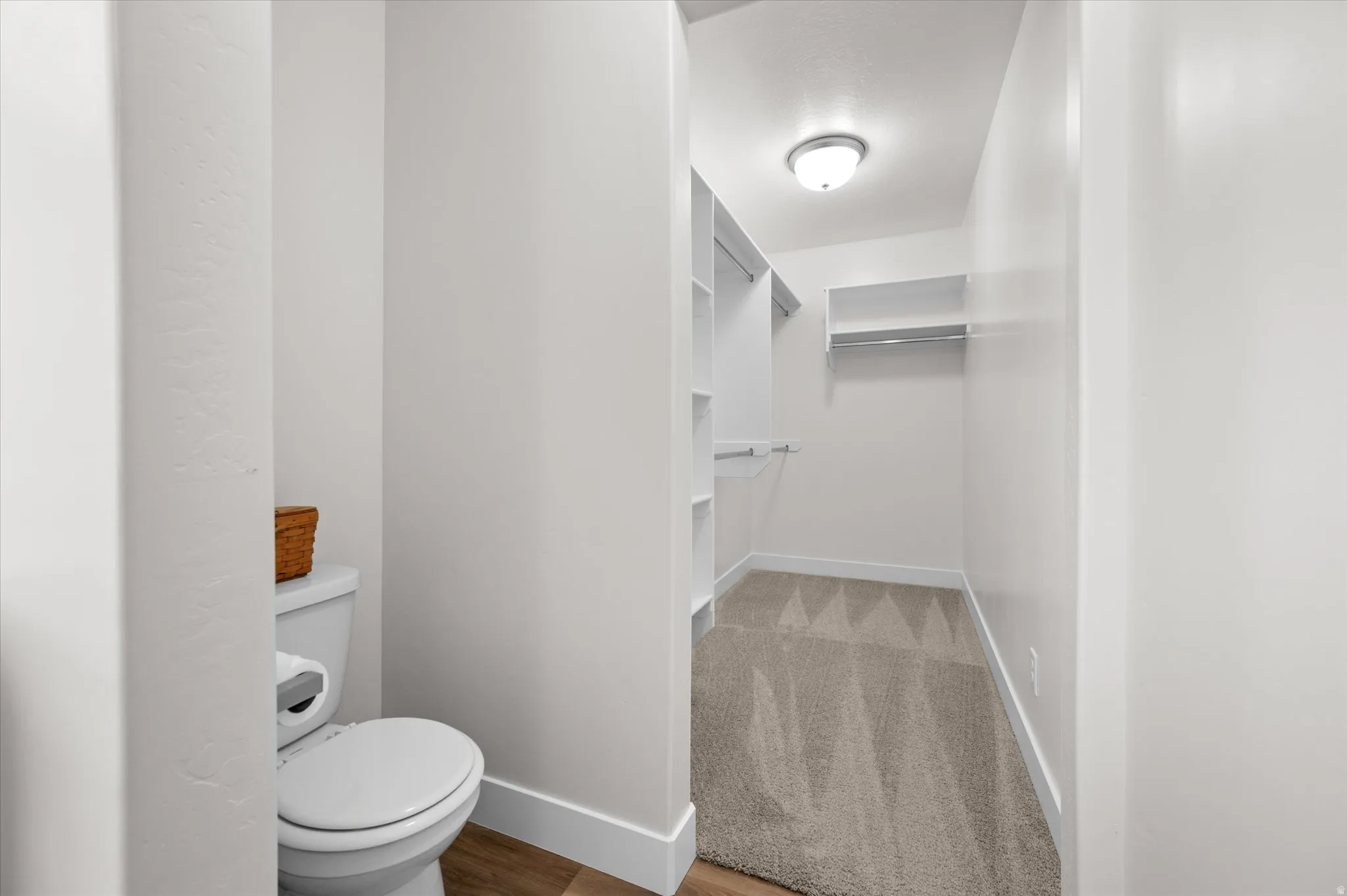 Bathroom featuring a walk in closet and light wood-style floors