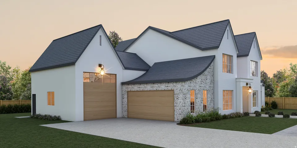 View of property exterior featuring stone siding, a garage, stucco siding, and concrete driveway