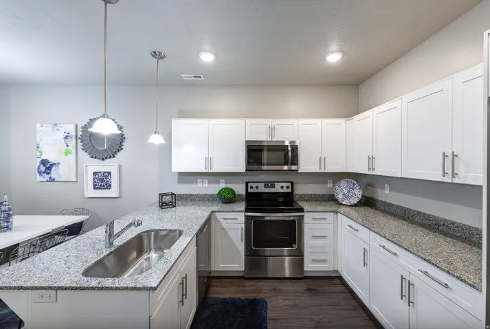 Kitchen with stainless steel appliances and granite countertops Example